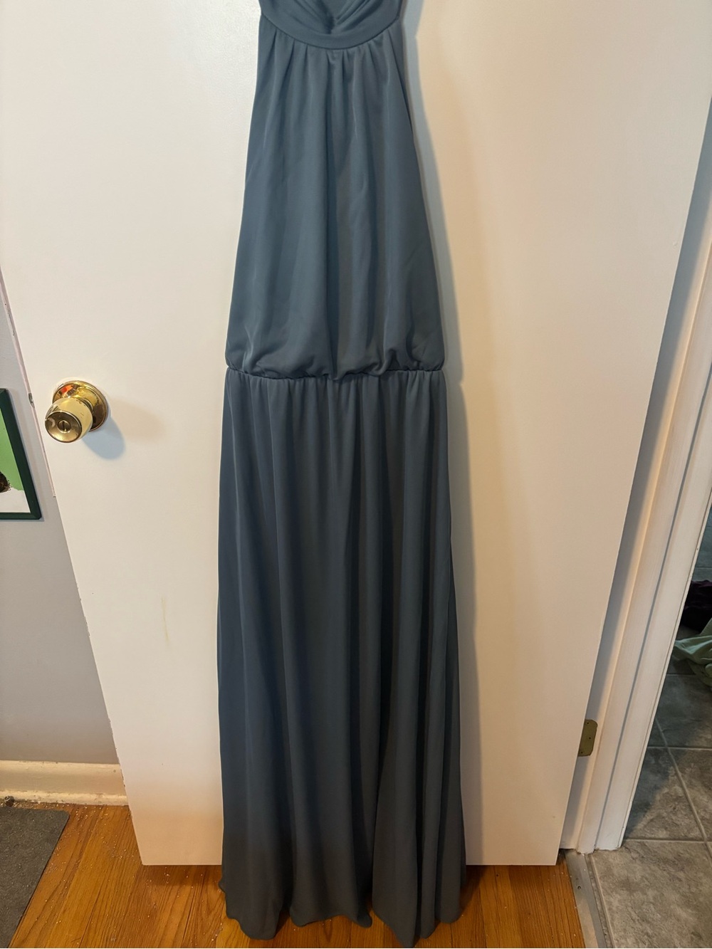 Feminine Bridesmaid Flirty Quiet Luxury Azazie Slate Blue Halter Maxi Dress - Picture 4 of 4